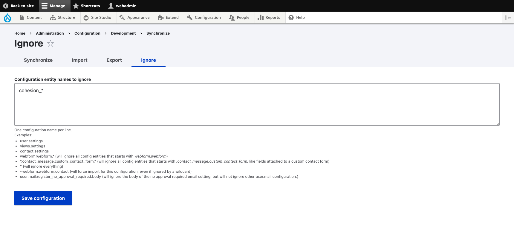 "Druapl config_ignore module settings page screenshot"