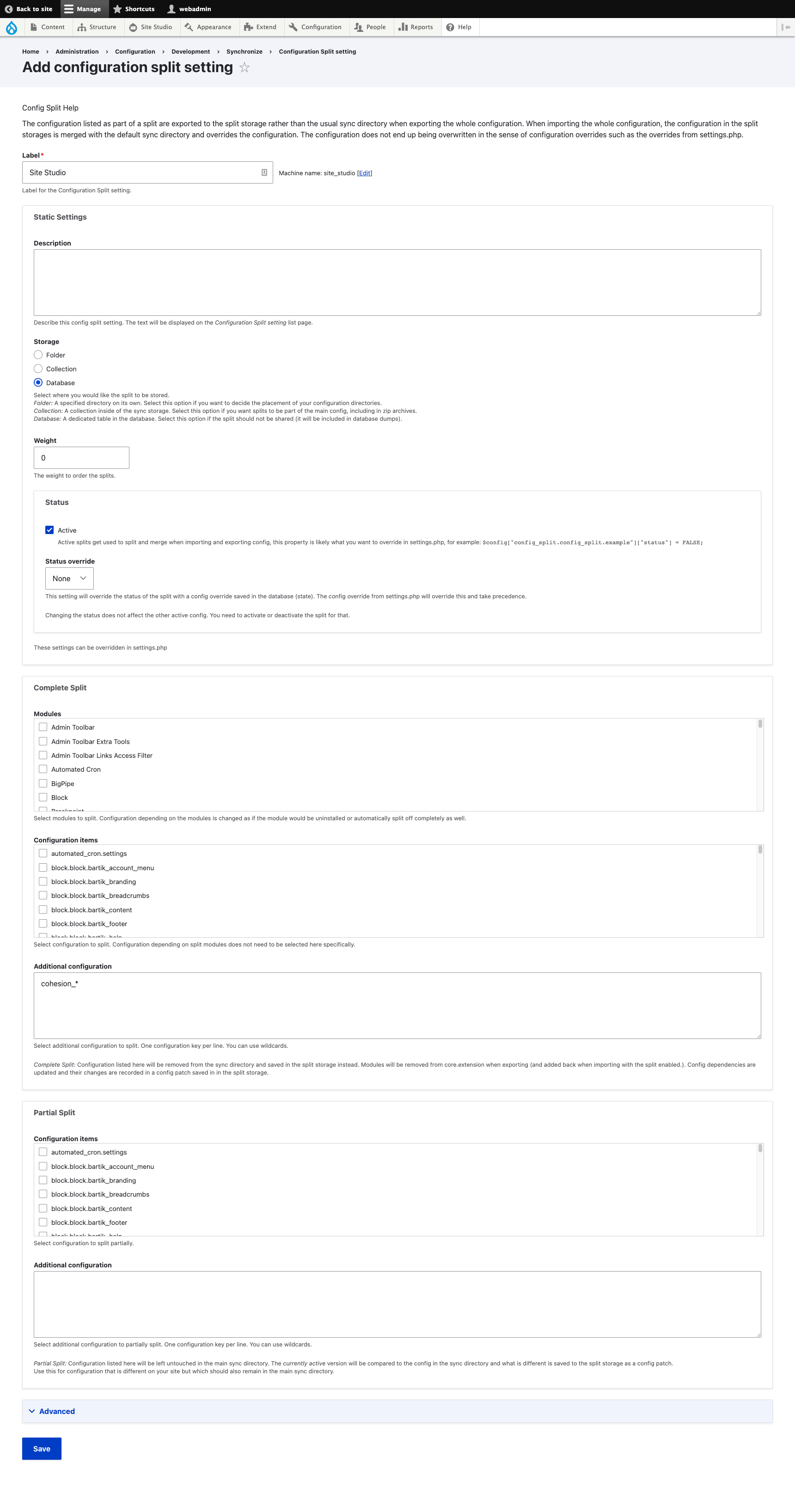 "Configuration Split Drupal module settings page screenshot"