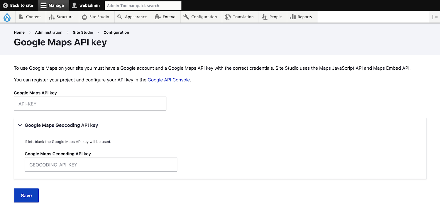 Google maps api configuration page